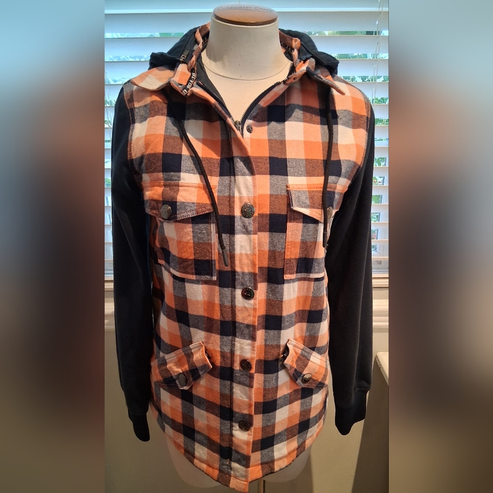 Saga Outerwear Co Blue/White/Orange Plaid Hoodie Jacket Sz S NWOT